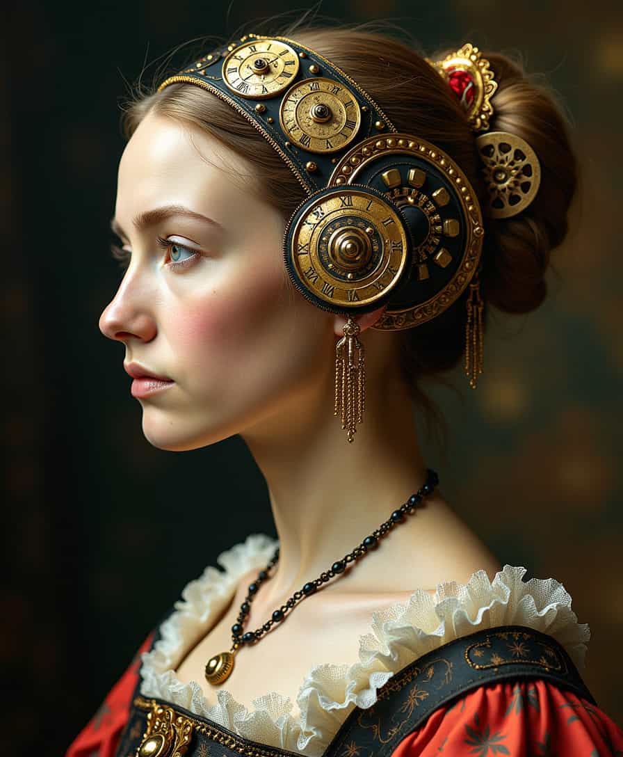 A Renaissance-style portrait of a female made entirely out of clockwork mechanisms.