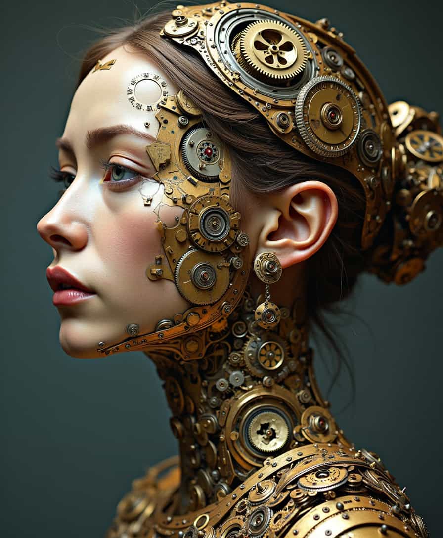 A Renaissance-style portrait of a female made entirely out of clockwork mechanisms.