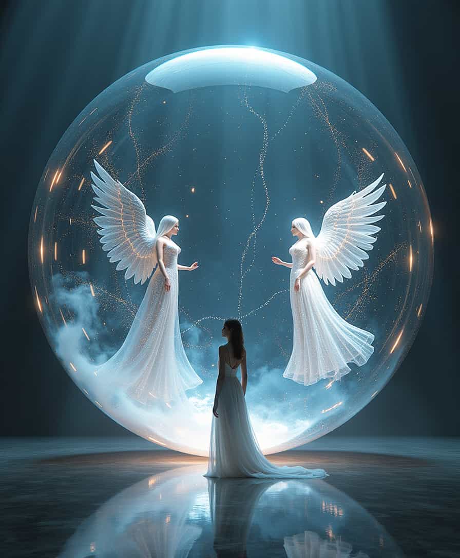  Two colossal transparent spheres, their surfaces shimmering with a kaleidoscope of refracted light, hang suspended in a surreal, biological void, caught in the midst of a slow-motion collision. These spheres represent the fundamental building blocks of life, the very cells that give rise to the complexity of the human body, their impending fusion symbolizing the spark that ignites consciousness and individuality. Within each sphere, a luminous figure takes shape, their forms resembling angels crafted from pure bioluminescent energy, their wings outstretched as if poised for flight. Their ethereal bodies pulsate with a soft, celestial light, casting intricate patterns of light and shadow across the inner surfaces of the spheres, as if they are the very embodiment of the life force that animates the cellular structures.

A lone woman, her figure bathed in a soft, bioluminescent glow, stands calmly between the spheres, her flowing, ethereal white gown resembling a cellular membrane, seamlessly blending with the surrounding biological structures. She represents the embodiment of human consciousness, emerging from the intricate dance of cellular interactions and the celestial energy of the angels within the spheres, her serene expression reflecting the wonder and fragility of life's genesis. The spheres emit pulsating streams of bioluminescent energy and holographic projections of DNA strands, creating ripples in the biological fabric of the void, as if the very essence of life reacts to their convergence and the emergence of the angelic beings.

Cinematic, high-contrast lighting emphasizes the reflections and refractions within the spheres, casting intricate patterns of light and shadow across the woman's gown, the surrounding void, and the ethereal forms of the angels within. Detailed textures of the spheres reveal complex cellular structures, organelles, and swirling strands of genetic information, hinting at the intricate mechanisms that govern life and the celestial energy that infuses them. Soft backlighting outlines the woman's figure with a gentle, bioluminescent glow, while dynamic energy patterns radiate from the spheres and the angels within, creating a sense of awe-inspiring biological and celestial complexity.

8k resolution captures every detail in stunning clarity, creating a surreal and dreamlike atmosphere. Bio-surrealism art style emphasizes the organic and otherworldly nature of the scene, while the dramatic composition and scale of the spheres and the ethereal presence of the angels create an awe-inspiring spectacle, inviting the viewer to contemplate the miracle of life's emergence from the intricate dance of cellular interactions and the infusion of celestial energy, the fragility and resilience of the human body, and the profound beauty of our biological and spiritual origins.