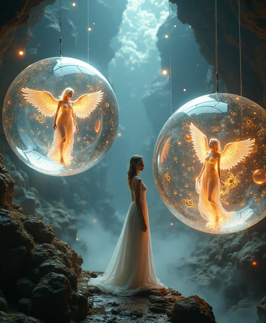  Two colossal transparent spheres, their surfaces shimmering with a kaleidoscope of refracted light, hang suspended in a surreal, biological void, caught in the midst of a slow-motion collision. These spheres represent the fundamental building blocks of life, the very cells that give rise to the complexity of the human body, their impending fusion symbolizing the spark that ignites consciousness and individuality. Within each sphere, a luminous figure takes shape, their forms resembling angels crafted from pure bioluminescent energy, their wings outstretched as if poised for flight. Their ethereal bodies pulsate with a soft, celestial light, casting intricate patterns of light and shadow across the inner surfaces of the spheres, as if they are the very embodiment of the life force that animates the cellular structures.

A lone woman, her figure bathed in a soft, bioluminescent glow, stands calmly between the spheres, her flowing, ethereal white gown resembling a cellular membrane, seamlessly blending with the surrounding biological structures. She represents the embodiment of human consciousness, emerging from the intricate dance of cellular interactions and the celestial energy of the angels within the spheres, her serene expression reflecting the wonder and fragility of life's genesis. The spheres emit pulsating streams of bioluminescent energy and holographic projections of DNA strands, creating ripples in the biological fabric of the void, as if the very essence of life reacts to their convergence and the emergence of the angelic beings.

Cinematic, high-contrast lighting emphasizes the reflections and refractions within the spheres, casting intricate patterns of light and shadow across the woman's gown, the surrounding void, and the ethereal forms of the angels within. Detailed textures of the spheres reveal complex cellular structures, organelles, and swirling strands of genetic information, hinting at the intricate mechanisms that govern life and the celestial energy that infuses them. Soft backlighting outlines the woman's figure with a gentle, bioluminescent glow, while dynamic energy patterns radiate from the spheres and the angels within, creating a sense of awe-inspiring biological and celestial complexity.

8k resolution captures every detail in stunning clarity, creating a surreal and dreamlike atmosphere. Bio-surrealism art style emphasizes the organic and otherworldly nature of the scene, while the dramatic composition and scale of the spheres and the ethereal presence of the angels create an awe-inspiring spectacle, inviting the viewer to contemplate the miracle of life's emergence from the intricate dance of cellular interactions and the infusion of celestial energy, the fragility and resilience of the human body, and the profound beauty of our biological and spiritual origins.