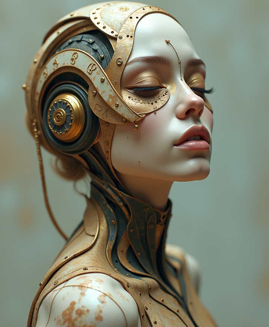  　Abstract portrait of a stunningly beautiful woman, her form a captivating fusion of delicate flesh and intricate machinery. Her eyes are hidden behind a veil of shadows, intricate and detailed, soft, volumetric lighting highlighting her serene features and the subtle gleam of metallic components interwoven with her being.  Muted pastel color palette with hints of ancient gold and patina, dreamlike and surreal atmosphere, a hint of melancholy. The shadows shift and dance around her body, revealing glimpses of ancient runes and mysterious symbols etched into her metallic skin, hinting at a connection to a lost civilization and forgotten magic. Highly detailed, trending on ArtStation, inspired by chiaroscuro techniques. Focus on the interplay of light and shadow, capturing the delicate textures of her organic and mechanical components, the captivating beauty of her veiled expression, and the subtle grace of her pose.  Emphasize her humanity amidst the mechanical elements, creating a poignant and evocative portrait.