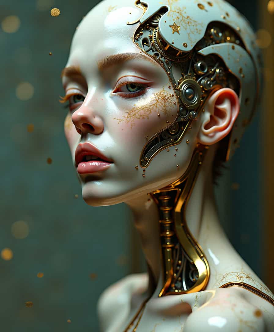  　Abstract portrait of a stunningly beautiful woman, her form a captivating fusion of delicate flesh and intricate machinery. Her eyes are hidden behind a veil of shadows, intricate and detailed, soft, volumetric lighting highlighting her serene features and the subtle gleam of metallic components interwoven with her being.  Muted pastel color palette with hints of ancient gold and patina, dreamlike and surreal atmosphere, a hint of melancholy. The shadows shift and dance around her body, revealing glimpses of ancient runes and mysterious symbols etched into her metallic skin, hinting at a connection to a lost civilization and forgotten magic. Highly detailed, trending on ArtStation, inspired by chiaroscuro techniques. Focus on the interplay of light and shadow, capturing the delicate textures of her organic and mechanical components, the captivating beauty of her veiled expression, and the subtle grace of her pose.  Emphasize her humanity amidst the mechanical elements, creating a poignant and evocative portrait.