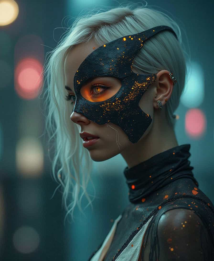   A cyber-noir portrait emerges: a young woman with platinum blonde hair contrasts against the ink-black cyberpunk cityscape veiled behind her. Her hair is undercut with neon tracers that emulate the city's electric veins, a stark silhouette against the night. She wears a high-tech dress, its white fabric edged with angular, black graphene accents. The dress, embossed with interactive gold leaf circuits, reacts with subtle luminescence to her movements. Half her face is obscured by a shattered porcelain mask, now integrated with obsidian-black nanofibers and golden circuitry that whirs silently, reflecting a world of shadows and artificial light. The mask's eye socket glows ominously, revealing her serious expression through a visor displaying cryptic data streams. Dramatic underlighting carves out her figure, casting her in a web of shadows and accentuating the fine, dark details of her cybernetic enhancements, crafting a portrait that is provocatively cyberpunk yet rooted in a dark, textured reality.
 ,Dark and gritty, epic scene, dramatic lighting, cinematic, pale skin, imperfections, (8K resolution), establishing shot, high textures,  leica, subsurface scattering, ,CINEMATIC,MOVIE STILL,CHROMATIC ABERRATION,REALISTIC,,amazing, cinematic, intricate, artistic,  extremely inspirational, epic scene, cinematic,, high textures, 
