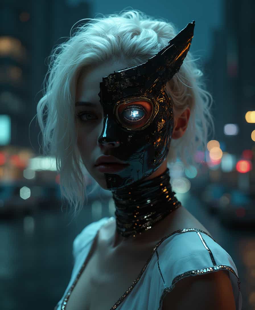   A cyber-noir portrait emerges: a young woman with platinum blonde hair contrasts against the ink-black cyberpunk cityscape veiled behind her. Her hair is undercut with neon tracers that emulate the city's electric veins, a stark silhouette against the night. She wears a high-tech dress, its white fabric edged with angular, black graphene accents. The dress, embossed with interactive gold leaf circuits, reacts with subtle luminescence to her movements. Half her face is obscured by a shattered porcelain mask, now integrated with obsidian-black nanofibers and golden circuitry that whirs silently, reflecting a world of shadows and artificial light. The mask's eye socket glows ominously, revealing her serious expression through a visor displaying cryptic data streams. Dramatic underlighting carves out her figure, casting her in a web of shadows and accentuating the fine, dark details of her cybernetic enhancements, crafting a portrait that is provocatively cyberpunk yet rooted in a dark, textured reality.
 ,Dark and gritty, epic scene, dramatic lighting, cinematic, pale skin, imperfections, (8K resolution), establishing shot, high textures,  leica, subsurface scattering, ,CINEMATIC,MOVIE STILL,CHROMATIC ABERRATION,REALISTIC,,amazing, cinematic, intricate, artistic,  extremely inspirational, epic scene, cinematic,, high textures, 
