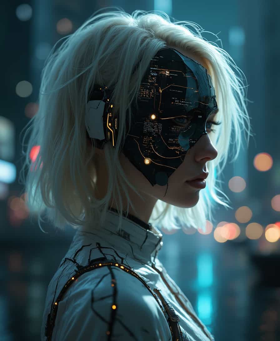   A cyber-noir portrait emerges: a young woman with platinum blonde hair contrasts against the ink-black cyberpunk cityscape veiled behind her. Her hair is undercut with neon tracers that emulate the city's electric veins, a stark silhouette against the night. She wears a high-tech dress, its white fabric edged with angular, black graphene accents. The dress, embossed with interactive gold leaf circuits, reacts with subtle luminescence to her movements. Half her face is obscured by a shattered porcelain mask, now integrated with obsidian-black nanofibers and golden circuitry that whirs silently, reflecting a world of shadows and artificial light. The mask's eye socket glows ominously, revealing her serious expression through a visor displaying cryptic data streams. Dramatic underlighting carves out her figure, casting her in a web of shadows and accentuating the fine, dark details of her cybernetic enhancements, crafting a portrait that is provocatively cyberpunk yet rooted in a dark, textured reality.
 ,Dark and gritty, epic scene, dramatic lighting, cinematic, pale skin, imperfections, (8K resolution), establishing shot, high textures,  leica, subsurface scattering, ,CINEMATIC,MOVIE STILL,CHROMATIC ABERRATION,REALISTIC,,amazing, cinematic, intricate, artistic,  extremely inspirational, epic scene, cinematic,, high textures, 
