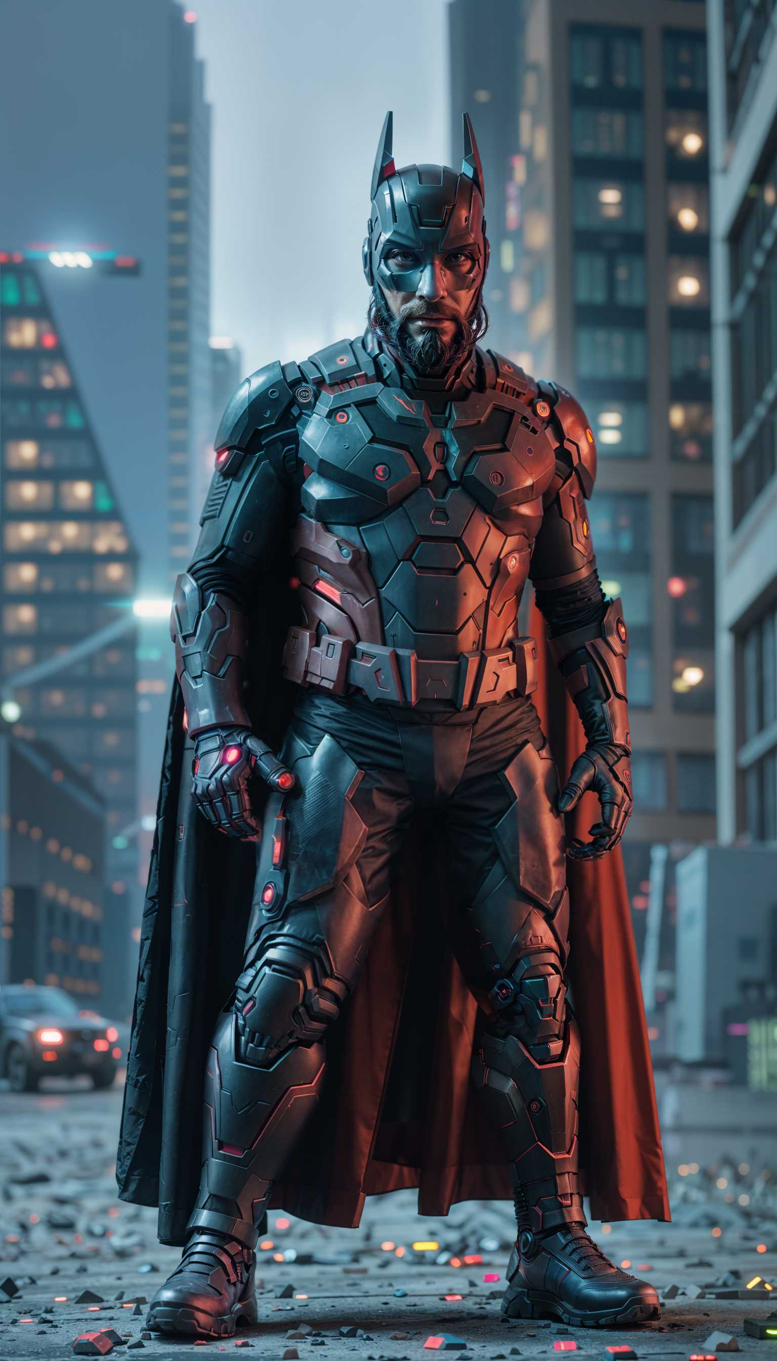 AI-generated image: man with beard, cyberpunk, futuristic, neon lights, dystopian, dressing as between ironman and batm