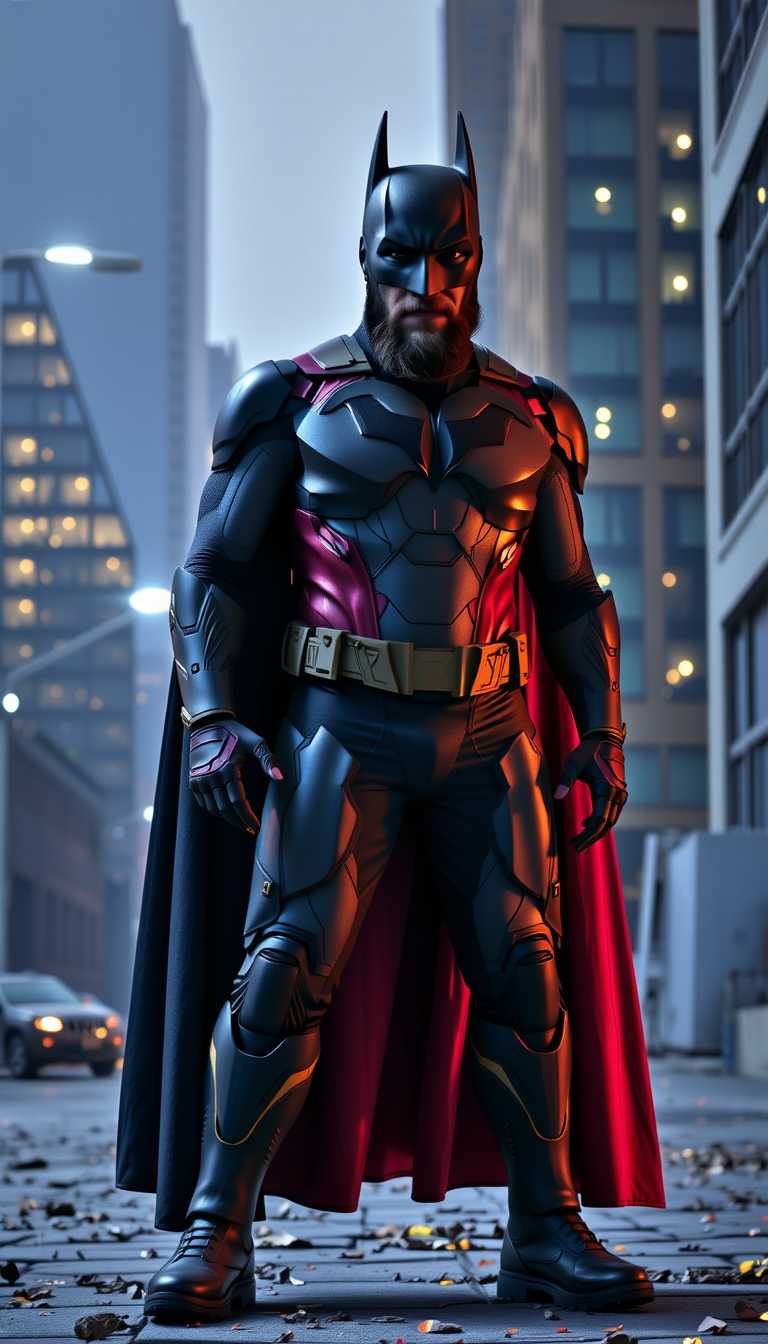 man with beard, cyberpunk, futuristic, neon lights, dystopian,  dressing as between ironman and batman with beard, standing in a dark gotham city,