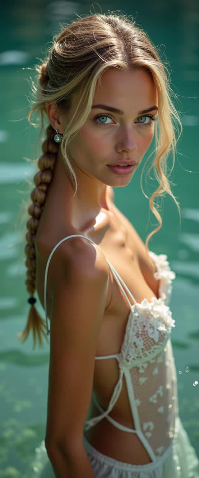A striking and skinny young woman with emerald green eyes,Fishtail braid,Blond,selfie, standing in water,intricately detailed masterpiece sharp and fine,Kodak portra 800,spotlit,