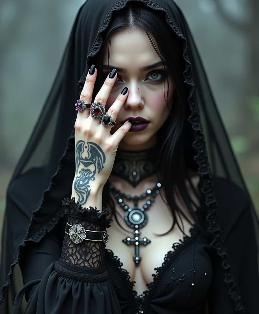 (amazing transcendental's dream:3.5) The photo depicts a powerful gothic sorceress, her face partially hidden by her elegantly adorned hand. She has pale, slender fingers, on which several silver magical rings, set with dark gemstones like onyx and amethyst, glimmer. Her hand is decorated with mysterious tattoos that seem to pulse with a dark energy.She wears a gothic ensemble, a black velvet dress richly embroidered with occult patterns. Her long black hair frames her pale face, and her eyes, accentuated with dark makeup, shine with an intense light. Large silver necklaces, with pendants shaped like crosses and ancient symbols, rest on her chest. The background is misty, with shadows dancing around her, enhancing the mystical and sinister atmosphere of the scene,  (maximum ultra high definition image quality and rendering:3), maximum image detail, maximum realistic render, (((ultra realist style))), realist side lighting, , 8K high definition,  realist soft lighting, (amazing special effect:3.5),
