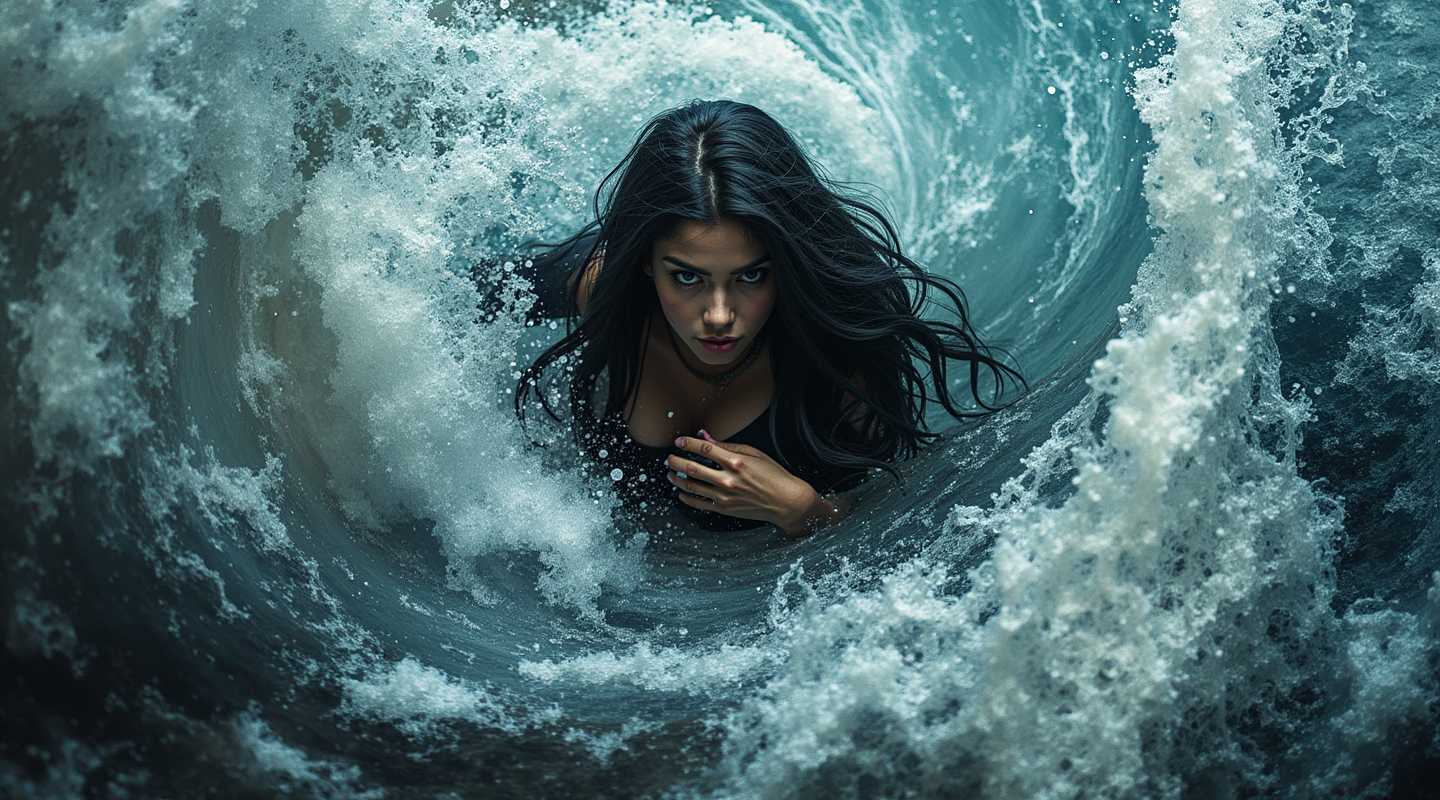 a elegant woman posing,Long straight hair,colored tips,Surf a monster wave and experience the thrill of the barrel,Pripyat Ukraine,epic Detailed illustration vibrant extremely hyper aesthetic,Nikon Z9,waning light,