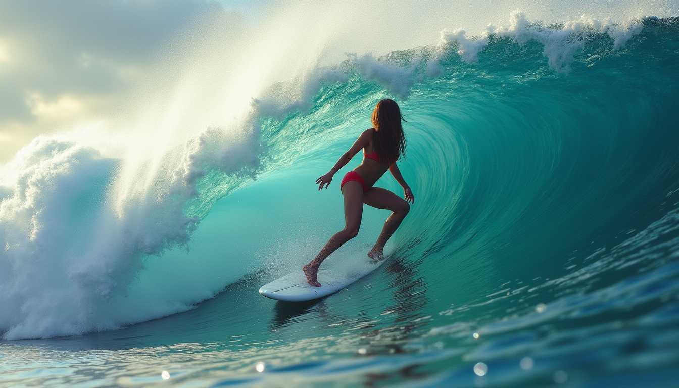 a elegant woman posing,Long straight hair,colored tips,Surf a monster wave and experience the thrill of the barrel,Pripyat Ukraine,epic Detailed illustration vibrant extremely hyper aesthetic,Nikon Z9,waning light,