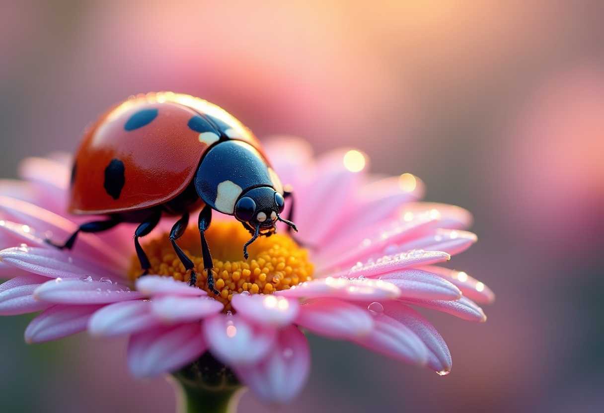 Masterpiece,32k,8k,dynamic,(ultra high res:1.4),(masterpiece:1.4),(beautiful lighting:1.4) A ladybug on a flower,macro photography,with a bokeh effect and water drops,against a fantasy background. Pastel colors create a beautiful nature scene in this digital art. High resolution reveals highly detailed,intricate features of the adorable ladybug. The mood is happy,joyful,and vibrant with soft lighting and a dreamy atmosphere. Morning dew adds to the magical feel of this whimsical style fantasy image,