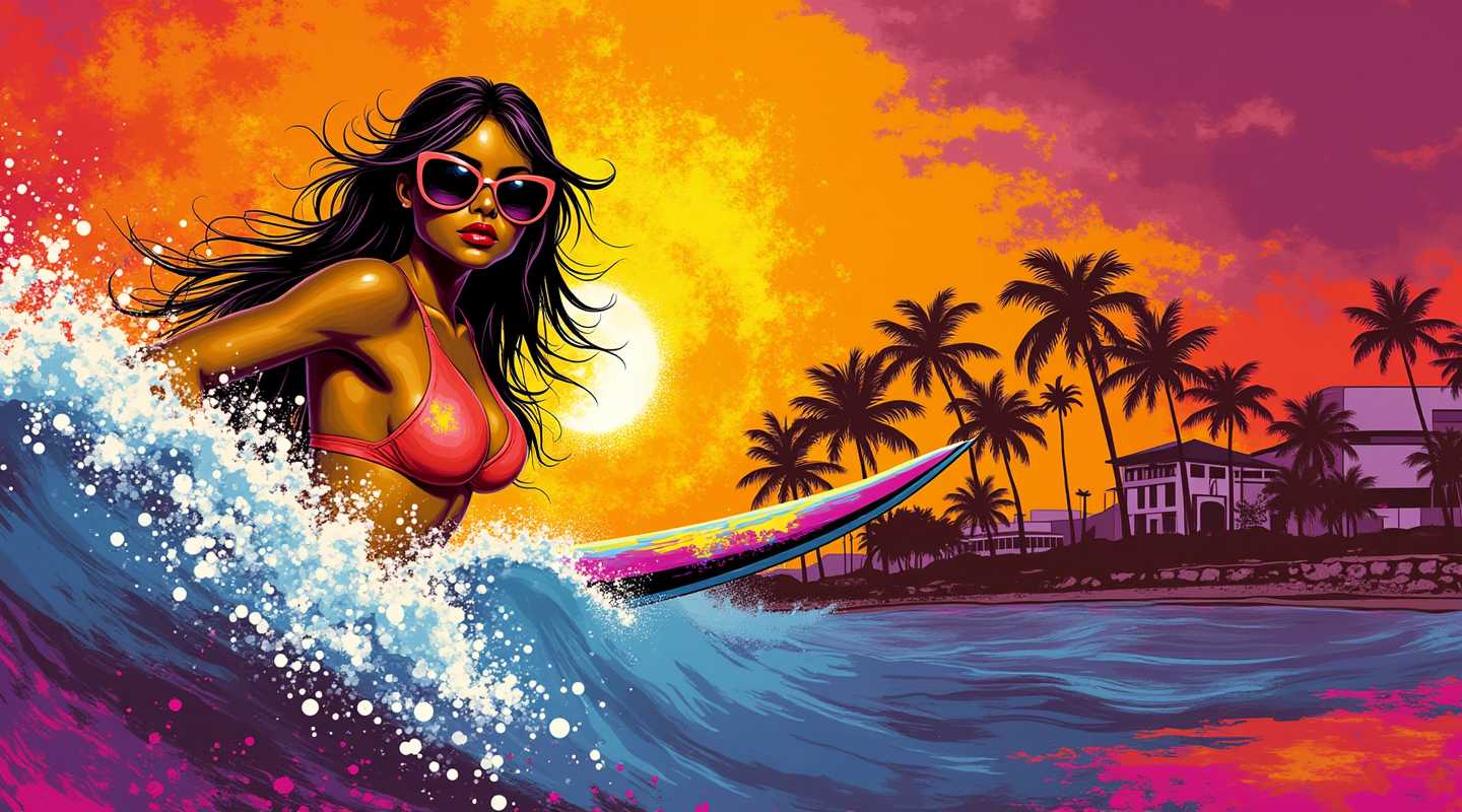 a elegant woman posing,Long straight hair,colored tips,Surf a monster wave and experience the thrill of the barrel,Pripyat Ukraine,epic Detailed illustration vibrant extremely hyper aesthetic,Nikon Z9,waning light,