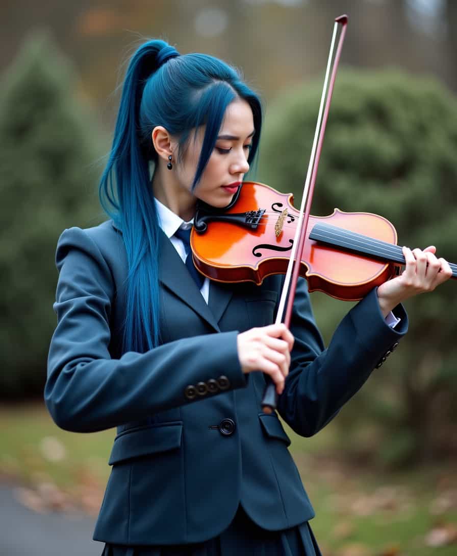 Professional Woman with Blue Hair Playing Violin Outdoors