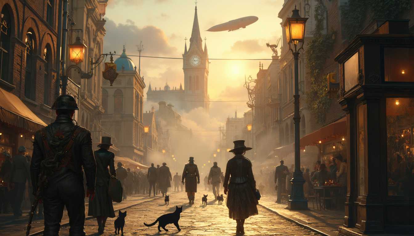 bird perspective, A mesmerizing Victorian-era steampunk street scene unfolds under the soft golden glow of morning light, imbuing the atmosphere with a sense of wonder and intrigue. Black cats gracefully saunter across cobblestone streets, their silhouettes illuminated by the warm glow of antique gas lamps, casting intricate shadows that dance playfully on the ground. 

A tapestry of sartorial elegance and mechanical marvels captivates the eye, with passerby draped in elaborate steampunk finery: aviator caps adorned with polished brass goggles perch atop their heads, while leather strap corsets and fitted waistcoats exude sophistication. Shimmering monocles and exquisite timepieces catch and reflect the ambient light, their metallic surfaces glistening alongside finely engraved mechanical prosthetics, embodying the technological artistry of the era. Whirring jetpacks poised on their backs anticipate daring excursions amidst the bustle.

Majestic brass-domed clock towers rise against an azure sky, their gears intricately interlocking with confident precision. Above, steam-powered dirigibles and grand airships float serenely, casting delicate patterns of shadow over gothic steel bridges and copper-clad glasshouses, testament to the era's architectural genius. 

Surrounding these wonders, a subtle mist drifts from steam vents nestled amid gaslamp-lit fac