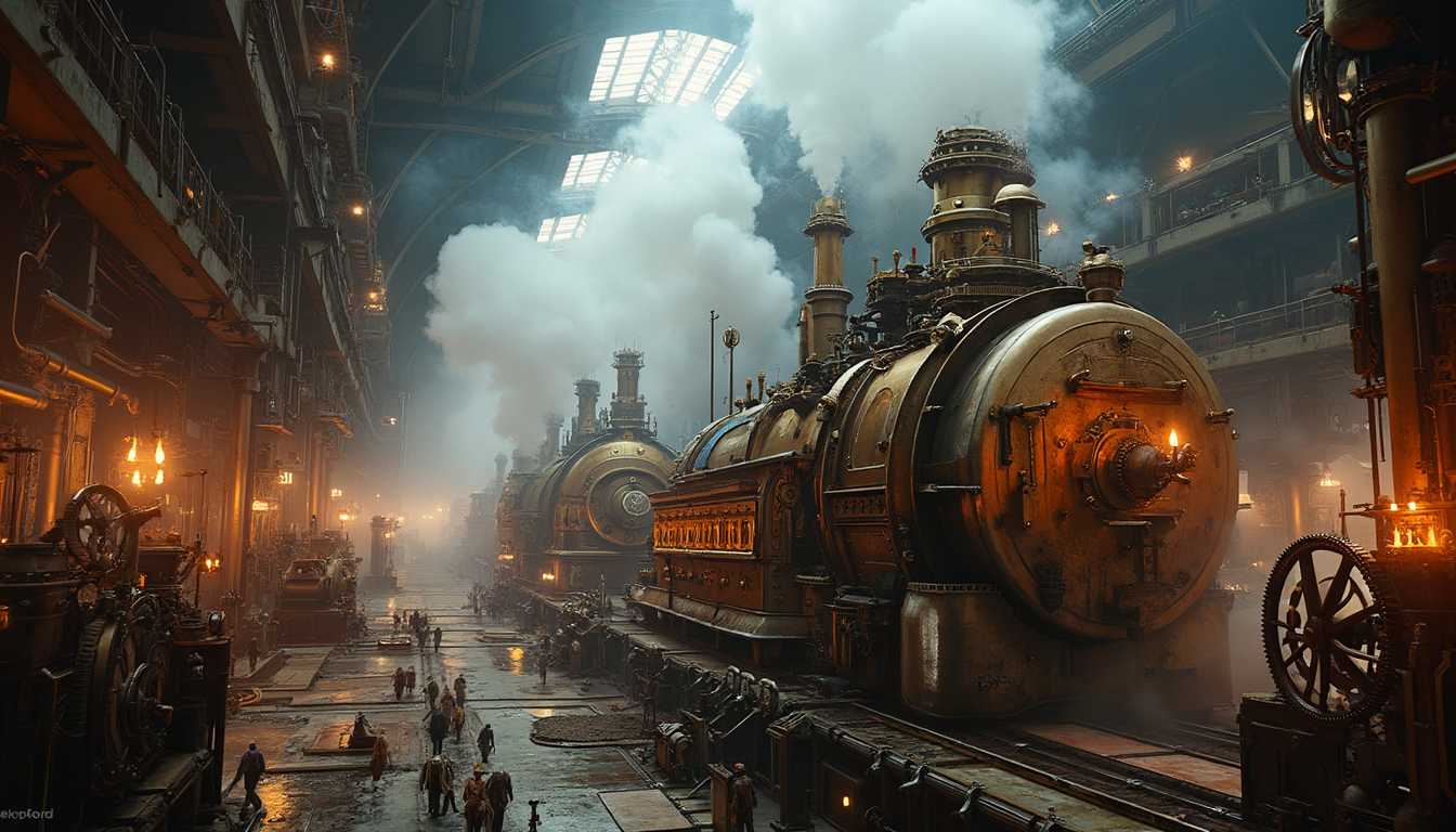 Title: **The Heart of Innovation: Steampunk Factory in Motion**

**Scene Description**: Within the cavernous expanse of a sprawling steampunk factory, a symphony of machinery and invention comes to life. The air is thick with the scent of oil and metal, punctuated by the constant thrumming and hissing of colossal machinery. Clouds of steam, illuminated by the warm glow of gas lamps, rise from intricately crafted brass boilers and curl upwards into the shadowy rafters.

**Visual Details**: The SteamEngine, a behemoth of bronze gears and polished copper plates, dominates the center stage, its pistons rhythmically churning like the heart of this mechanical beast. Surrounding it is a labyrinthine network of gears and levers, all in constant motion, driving a multitude of complex mechanisms. The GearPress, a titanic structure of iron and brass, methodically shapes metal sheets with precision.

**Composition and Style**: The Automaton, a marvel of engineering with gleaming mechanical limbs and clockwork precision, assists gracefully at various assembly points. It deftly maneuvers around the PneumaticDrill and the RivetingMachine, each adding their unique staccato rhythm to the factory's symphony. This scene, captured in
