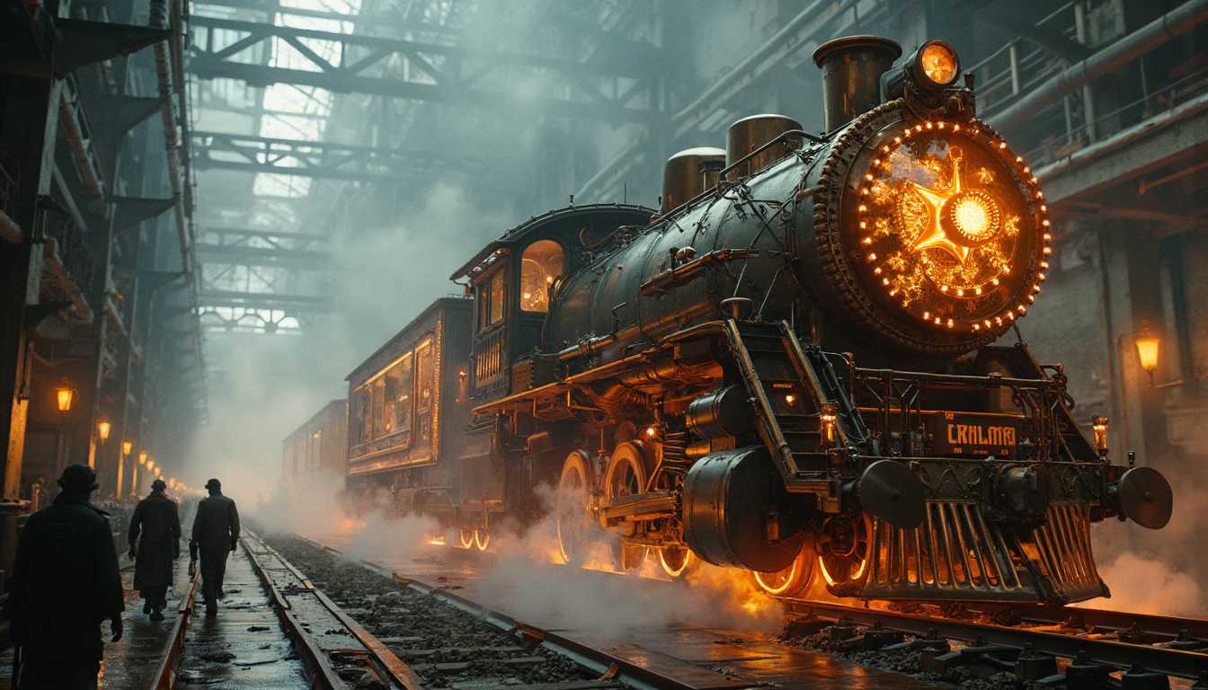steam train taking off super fast like warp speed, **Steampunk Factory in Motion: A Symphony of Innovation**

The Glass Cathedral

Within the factory’s far corner, where silence reigns, stands The Glass Cathedral. It forges not metal, but intricately woven glass, shaped by the delicate dance of SteamTurbines and BrassPistons. Each ethereal pane is engraved by GearDrivenLathes and clockwork tendrils, producing translucent gears—glowing as if touched by some divine force, their fragile beauty a stark contrast to the brutal machinery.

The Automaton, a marvel of engineering, takes center stage. This under-construction train is the epitome of steampunk design, laden with intricate accessories and a blend of steam and dieselpunk elements. Workers clad in soot-blackened attire wield blowtorches and welding equipment, their silhouettes flickering in the lamplight as they labor over the train's development. Gears mesh smoothly, mechanics twist and turn, rotary components spin with hypnotic grace, and mechanical ingenuity lays foundation for obscure mechanisms within.

Biology converges with machinery—a symphony of steam, with translucent critters