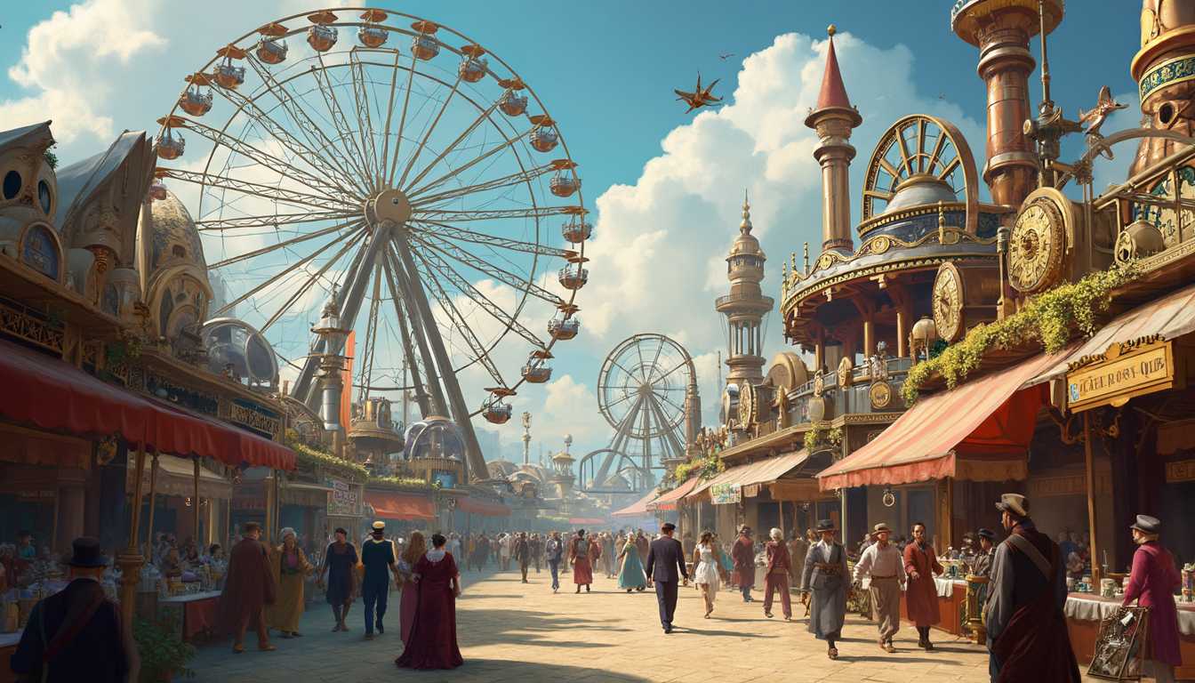 Title: Enchanted Dieselpunk Amusement Park

Visual Details: The scene is set in an expansive amusement park that marries the elegance of Victorian design with the ruggedness of dieselpunk aesthetics. Towering brass-riveted Ferris wheels spin gracefully, their gears interlocked and shimmering under the sun. Merry-go-rounds adorned with intricate brass creatures, and steam-powered skateparks with looping ramps flare with excitement. The atmosphere is charged with the hum of mechanical ingenuity, and the air is filled with the aroma of oils and steam.

Style: In a lush illustrative style inspired by the intricate detail of the steampunk aesthetic, with influences of Victorian-era elegance.

Composition: The foreground features a bustling marketplace filled with visitors donning aviator goggles, monocles, and jetpacks. A pocket watch ticks rhythmically as a gentleman consults his compass necklace. Different characters, each clad in lavish outfits, weave through shops selling mechanical prosthetics, wrist gauntlets, and top hats.

Mood and Atmosphere: It's a bright, clear day, casting sharp contrasts between the shining brass and the dark iron of the structures. The park buzzes with life, with laughter and the clinking of gears providing a rhythmic backdrop. The mood is one of adventure and exploration, as