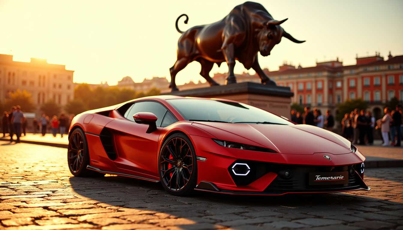 A breathtaking photograph of a gleaming Lamborghini Temerario, parked strikingly in front of a majestic statue of a bull—symbolic of the Lamborghini emblem. Bathed in the golden glow of a late afternoon sun, the car's metallic surface reflects vibrant hues of sunset red and sunset orange, accentuating its sleek, aerodynamic contours. The statue, crafted with intricate detailing, captures the dynamic power and fierce spirit of a charging bull, its bronzed surface casting long shadows across the cobblestone plaza. The public square is bustling with a gentle crowd in the backdrop, adding a lively sense to the scene, yet they are softly blurred in bokeh, focusing attention on the car and statue. The composition utilizes a low-angle perspective, emphasizing the grandeur and elegance of the Lamborghini, while the warmth of the setting sun imparts an inviting and awe-inspiring atmosphere. Keywords: automotive photography, golden hour, cinematic, detailed textures, dynamic contrast, vignetting.