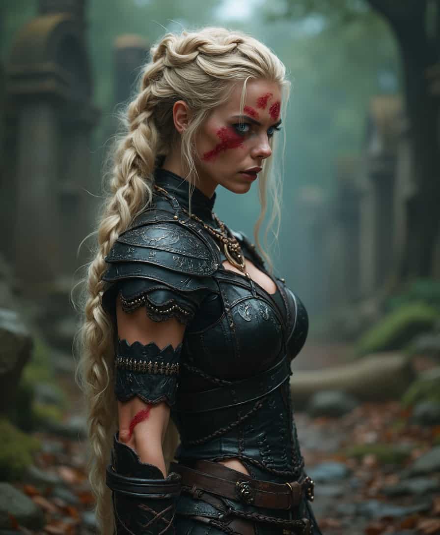 A fierce Scandinavian warrior woman, aged 28, stands in a side view, her long blonde hair intricately braided and cascading down her back. Her dark blue eyes, piercing and intense, are accentuated by dark red war paint streaked across her face, giving her an aura of both regality and ferocity. She is adorned in black leather armor, intricately detailed with tribal patterns, hugging her slender yet muscular frame, showcasing her extreme femininity and strength. Garnet jewelry glistens against her fair skin, adding a touch of elegance to her warrior ensemble. The shot captures her in a moment of anger, her lips curled in a snarl, ready for battle. The background is a blurred mix of a dense forest and ancient ruins, enhancing the tribal and mystical atmosphere. The lighting is dramatic, with shadows highlighting the contours of her face and body, creating a powerful and commanding presence.