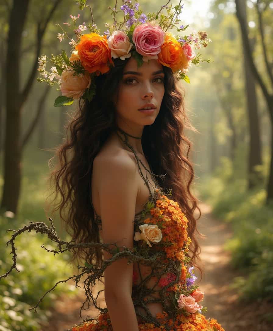 Enchanting Forest Faerie with Floral Crown and Dress