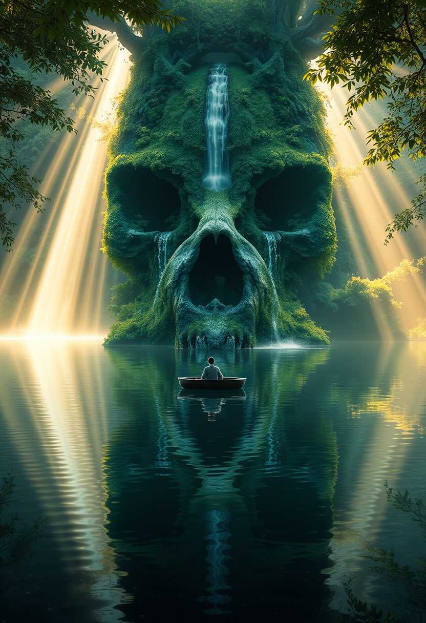 Cinematic portrayal of a serene, natural scene: a lone person sits in a small boat gently floating on the calm, mirror-like surface of a lake. In the background, an awe-inspiring waterfall cascades gracefully from the eye sockets of a colossal creature's skull, seamlessly embedded within the lush, verdant landscape. Enveloped in a tapestry of rich green foliage, the skull is a majestic, ancient remnant of a fantasy world, adorned with vibrant moss and flowering plants. Sunlight pierces through the dense canopy overhead, casting ethereal beams of light that dance upon the tranquil waters, creating an interplay of light and shadow that enhances the scene's mystical ambiance. The soft, golden glow highlights the sparkling droplets and adds depth to the breathtaking reflection on the lake's surface. Captured in a wide-angle shot, the composition centers the viewer's attention on the harmonious blend of natural elements and surreal fantasy, evoking a sense of wonder and peace. With a focus on realism, the image exhibits rich textures and fine details, meticulously capturing the serene and otherworldly essence of the environment.