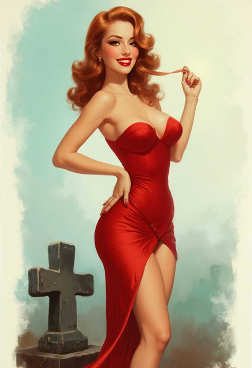 A classic pinup girl by Alberto Vargas, captured in his iconic mid-20th century style. The girl is depicted with an hourglass figure, dressed in a form-fitting, vintage 1940s dress with a sweetheart neckline and a thigh-high slit, accentuating her curves. Her outfit is a vibrant red, with a satin texture that catches the light, creating subtle highlights and shadows. She has soft, wavy hair styled in glamorous Hollywood curls, cascading over her shoulders.

Her makeup is flawlessly applied, with bold red lipstick, winged eyeliner, and softly blushed cheeks, enhancing her alluring expression. She is posed confidently with one hand on her hip and the other playfully touching a strand of her hair, her legs crossed in a classic pinup posture. The background is a simple gradient, shifting from pale blue at the top to white at the bottom, emphasizing her figure without distraction.

Lighting is soft and diffused, creating a smooth glow on her skin and emphasizing the soft sheen of her dress. The overall atmosphere is warm and inviting, evoking the charm and glamour of the golden age of pinup art. The composition places her slightly off-center to the right, with a subtle vignette effect framing the image, drawing the viewer's focus directly to, shadowy, Shambling form with a hunger for flesh, Fair Skin, Redhead with half-up half-down style and loose curls, rust sheer lipstick, A misty graveyard with an open grave and an overturned tombstone, see-through, sarong, trending on Artstation, masterpiece, best quality, realistic anatomy, model, D & D, fantasy, intricate, elegant, cleavage, highly detailed
