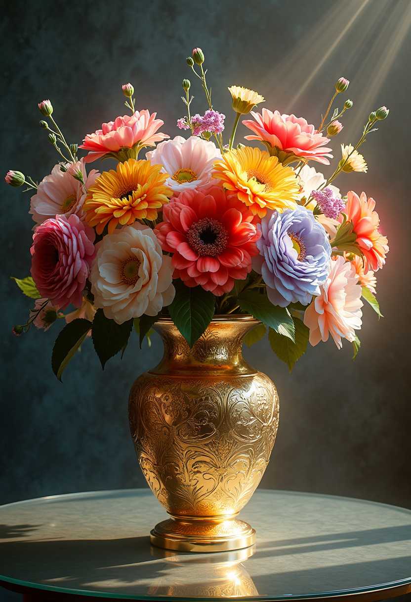 Vibrant Floral Arrangement in an Ornate Gold Vase