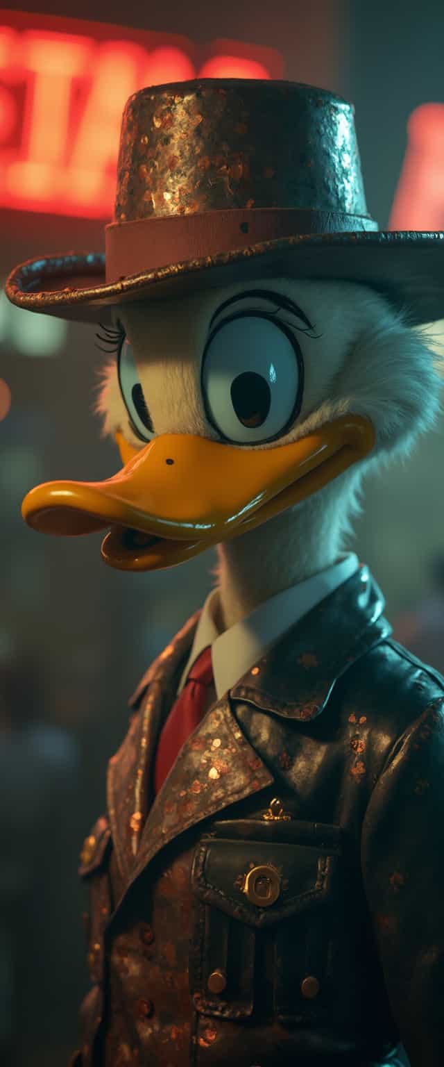 broad-shouldered (Daisy Duck:1.2) Enforcer, best quality, she is wearing a [Blazer|Rompers], The Trapper hat is copper and is detailed with bits of Plating, shallow depth of field, dark art, stylized by Tetsuya Ishida, social commentary, surrealism, introspective, symbolic, dynamic cinematic color, holy, dynamic dramatic atmosphere, sublime, colorful, dynamic