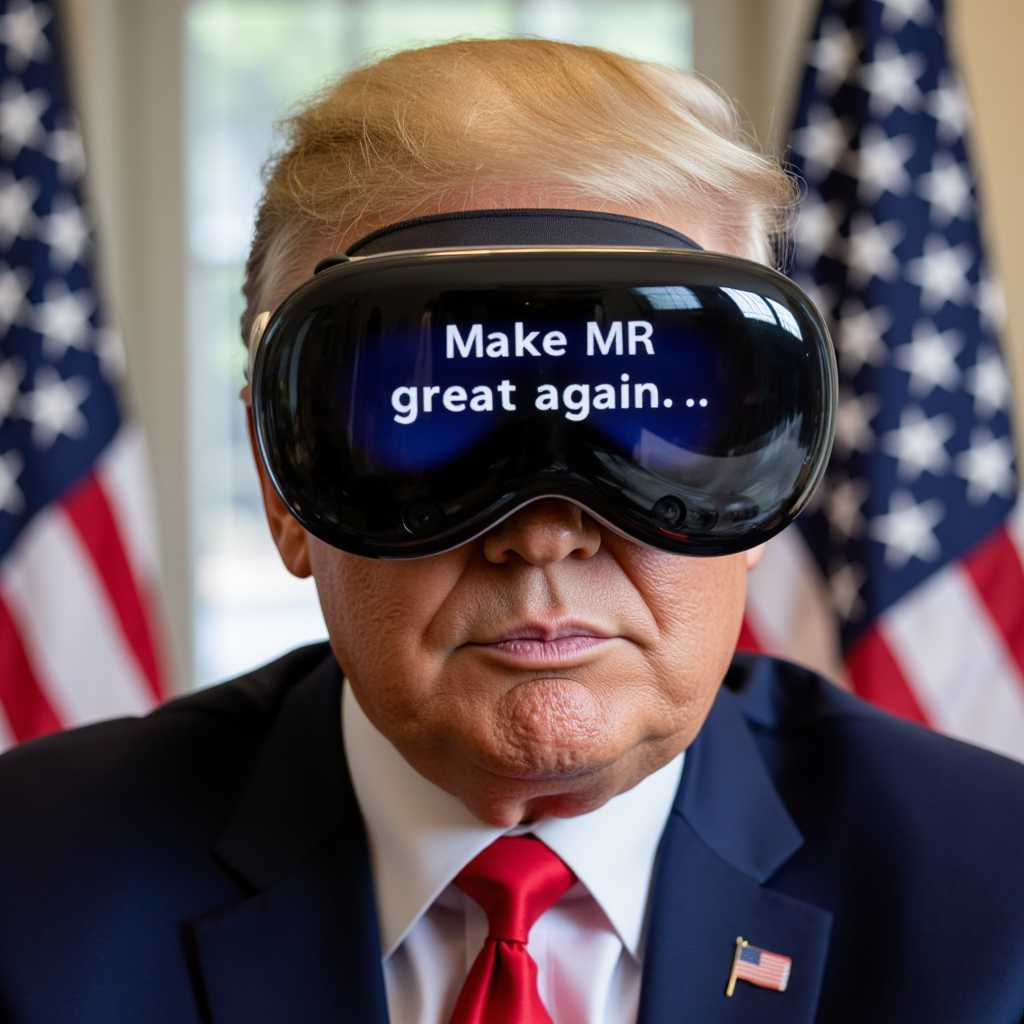 photo of MAGA wearing an Apple Vision Pro with a message displayeyed Apple Vision Pro "Make MR great again"