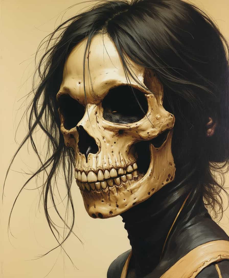 close up, a girl wearing a mask from animal skull, painting by frank frazetta, beige background, intricate detail, best quality