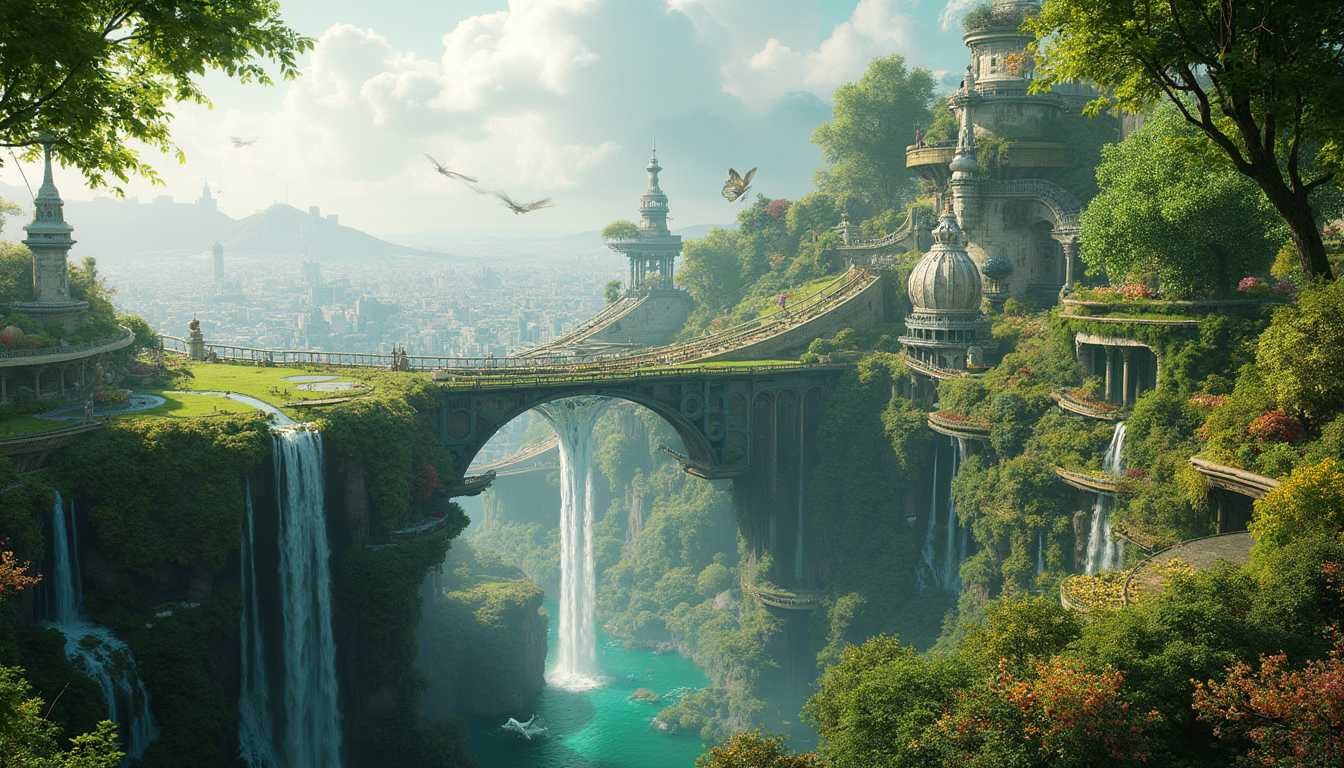 The steam punk Floating Gardens

Scenario: 
Aetheria’s floating islands are lush with verdant gardens and cascading waterfalls that defy gravity. A network of elegant bridges and steam-powered elevators connect these suspended gardens, creating a breathtaking sight of green and blue. Above, delicate steam-powered butterflies flit among the flowers, and below, the cityscape of Aetheria stretches out like a patchwork quilt.

Cinematic Shot: The camera captures a sweeping aerial view of the floating gardens, showcasing the vibrant, lush greenery against the backdrop of the city below. The gardens are bathed in the soft, diffused light of a late afternoon sun, with steam-powered butterflies adding dynamic, whimsical details to the scene. The intricate network of bridges and waterfalls adds depth and grandeur to the image.