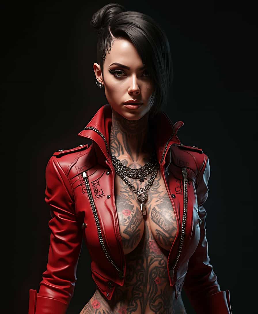**Image Prompt:**

Create a 3D rendered digital artwork that captures a vivid and lifelike portrayal of a woman embodying a fusion of a warrior and a tattooed individual. The scene is highly detailed and realistic, using advanced 3D modeling software, potentially like Blender, Maya, or 3ds Max, to achieve complexity in shapes and textures. The focus is on textures and lighting that deepen the image's lifelike quality.

**Visual Details:**

The color palette is rich and vibrant, chiefly featuring deep and saturated reds, bold blacks, and shimmering metallics. Her attire includes a striking red leather jacket with a high collar and shoulder pads, adorned with chains, buckles, and metallic details, reinforcing her tough and rebellious persona. Her tattoos are extensive, covering visible skin with intricate geometric shapes, floral motifs, and script-like text, meticulously shaded and highlighted for realistic texture. 

**Composition:**

Position the character centrally against a nondescript, dark background that accentuates her features. The dramatic lighting should cast shadows that enhance the depth and dimension of the scene, highlighting her muscular build and the exquisite detailing of her tattoos and attire.

**Style and Technique:**

Utilize a highly detailed and realistic art style, emphasizing rich textures such as the