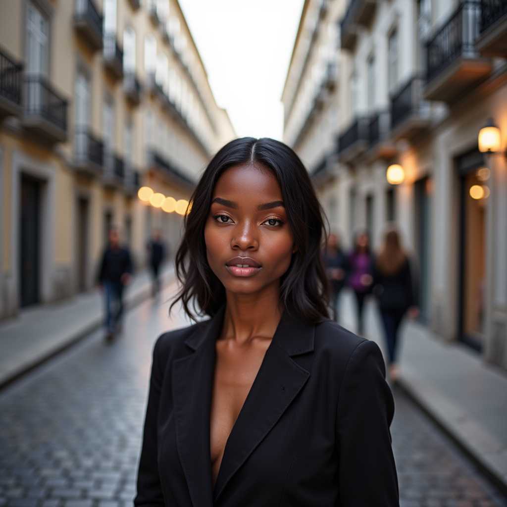 TOKONIA, looking into the camera with the streets of lisbon behind her