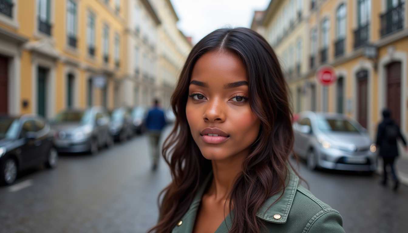 TOKONIA, looking into the camera with the streets of lisbon behind her