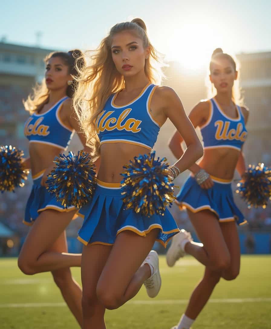 Three UCLA cheerleaders stand in a dynamic, triangular formation on a sunlit football field. The overall theme is a blend of athleticism and sensuality, captured in a high-gloss, fashion photography style. The genre is sports glamour, with an emphasis on eroticism. The photograph is taken with a high-resolution camera, using a shallow depth of field to keep the cheerleaders in sharp focus while the background blurs into a dreamy haze. The lens flare from the sun adds a touch of warmth and drama to the scene. The composition uses the rule of thirds, with the cheerleaders positioned to draw the eye diagonally across the frame. The focal point is the cheerleader at the front, who is slightly crouched, with her pom-poms raised high, her toned legs and abs on full display. Her long, wavy blonde hair cascades over her shoulders, catching the sunlight. She wears a tight, midriff-baring UCLA crop top and a pleated mini skirt that flutters in the breeze, accentuating her curves. Her makeup is flawless, with bold red lipstick and smoky eyes that add to her sultry look. The two cheerleaders behind her are in mid-jump, their legs kicked high, showing off their flexibility and athleticism. They wear matching outfits, with the same crop tops and mini skirts, but in different colors to add visual interest. Their hair is styled in high ponytails that swing with their movements. Anatomically, they have exaggerated, idealized features: long, toned legs, flat stomachs, and ample cleavage. Their poses are provocative, with arched backs and pointed toes, emphasizing their femininity and strength. Accessories include sparkling earrings, bracelets, and anklets that catch the light, adding a touch of glamour. The color palette is vibrant, with the blue and gold of the UCLA uniforms contrasting against the green of the field and the blue sky. The lighting is natural but enhanced to highlight their athletic physiques and sensuality.