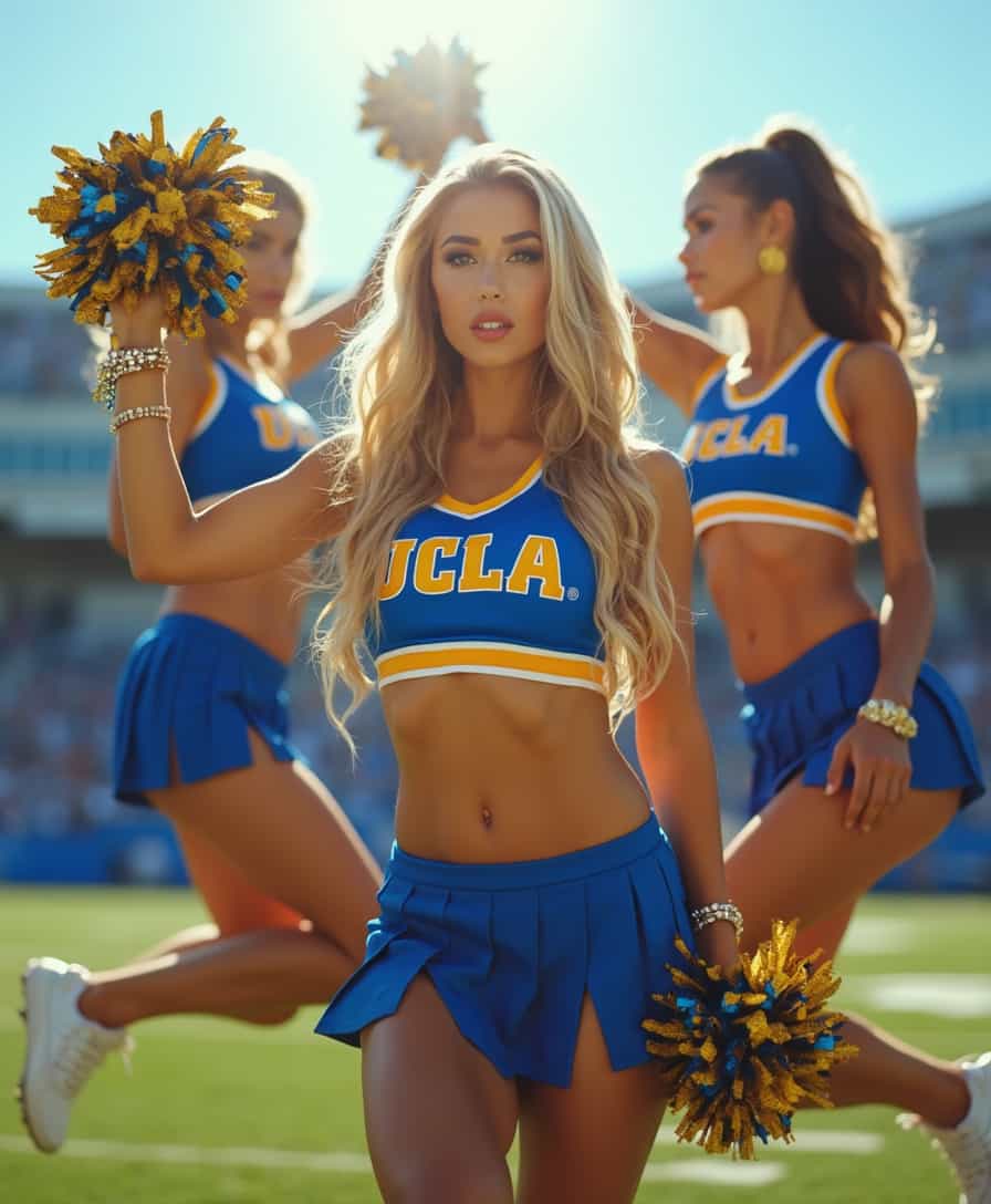 Cheerleaders in UCLA uniforms performing on a football field
