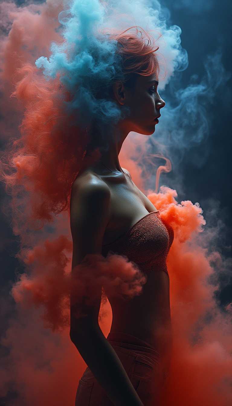 A complex artistic masterpiece showcasing a striking figure enveloped in thick, vibrant, multicolored smoke that artfully obscures yet highlights the outline of a woman's body. Her side profile reveals a captivating side boob and a sensuously thin waist, set against a deep, shadowy backdrop. The elegant contours of her face, rendered in ultra-high quality and clarity, are accentuated by a perfect interplay of light and shadow. The scene is captured with a keen eye for design, emphasizing a sharp focus on the figure with a dreamlike, surreal atmosphere. Utilizing a 32k resolution with HDR technology, the image is hyper-detailed, with every wisp of smoke and subtle facial feature achieved in stunning realism. The composition is thoughtfully balanced, harmonizing vibrant colors with the dark background to create a mesmerizing, ethereal effect, as if stepping into a living dream.
