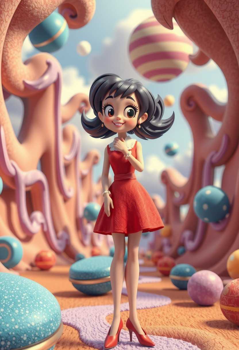 fashionable 1950s 3d cartoon girl in a surreal psychedelic fractal landscape