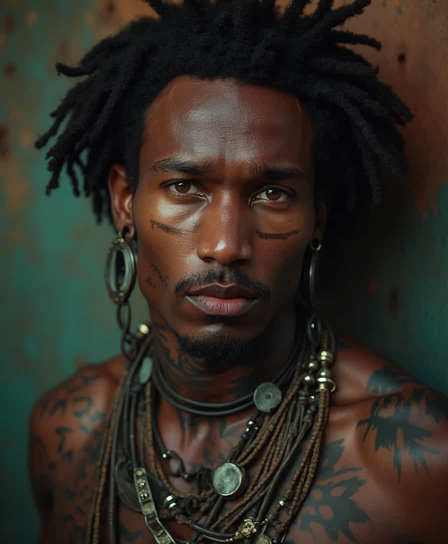 A medium 40mm glamour portrait of a tribal man, (detailed facial features:0.2), high quality, professional photo, 28mm, (intricate detail), ((incredibly detailed skin:0.38)), Surreal Harmony, cinematic, lighting, 8K, HDR10, analog,