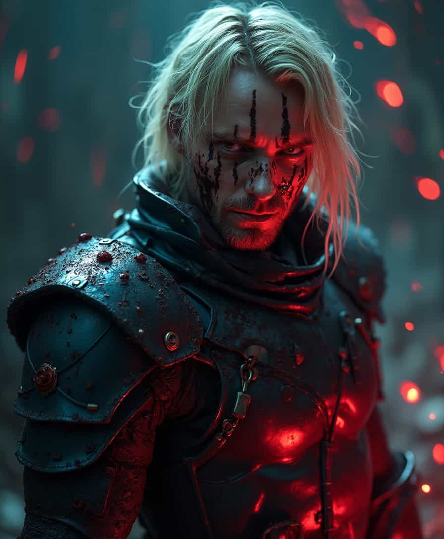 Fighter, black leather light armor, GOD like, messy, face and body covered in BLOOD and MUD, no gender, blond hair, europoid, an extremely delicate and detail, scary looking, killer, backlighting, solo, dynamic angle, looking at viewer, glowing vivid neon lights, hunting action, extremely detailed, epic scene, raw photo.