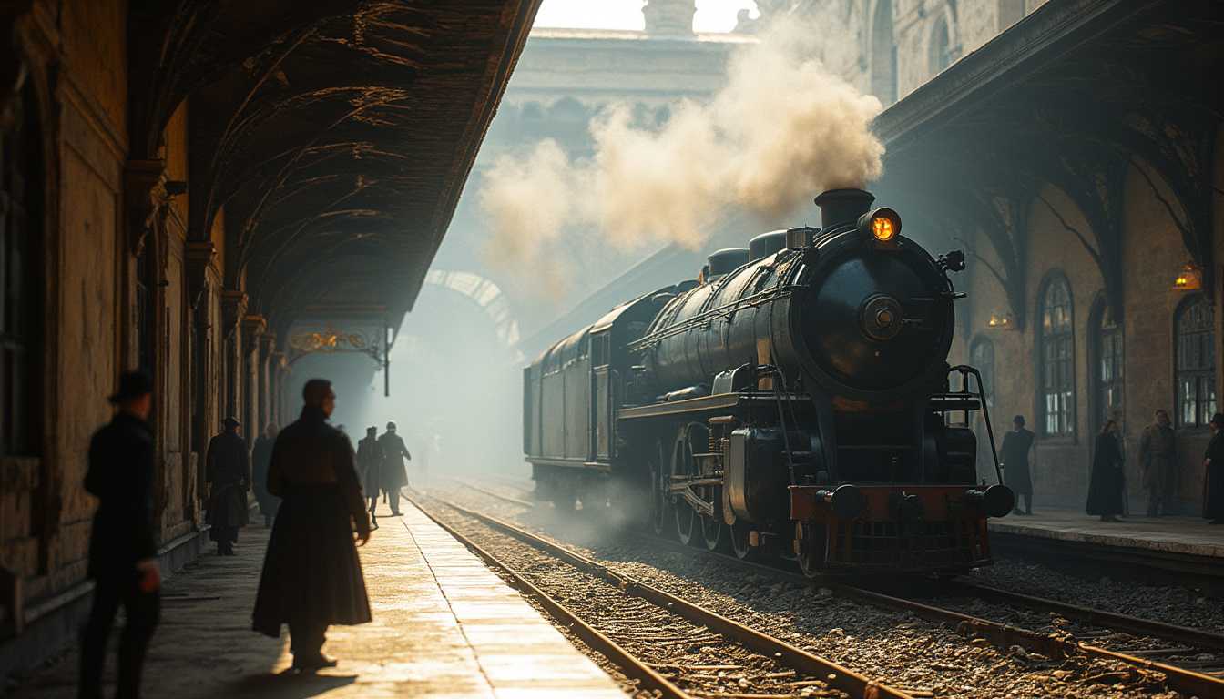 Aesthetics of ancient baroque architecture., ancient station, where the ancient steam locomotive arrives, People, standing on a platform in 18th century clothing, Photorealistic, A high resolution,light and shadow effect	Light particle tracing	vivd colour	,Obvious layers	,Photography Award	,8kwallpaper	,Masterpiece	,best qualtiy	, photorealesticbad_prompt_version2, Movie Still, Film Still, Cinematic, Cinematic Shot, Cinematic Lighting, JuggernautNegative,