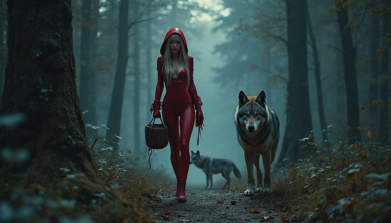 Blonde blue-eyed 18 yo girl approaching a menacing forest on a forest path, holding a basket, wearing a red hooded latex outfit, small hanging breasts, slim, a wolf watching from the bushes, masterpiece, super detail, textured skin, anatomically correct, 8k, best quality, god rays