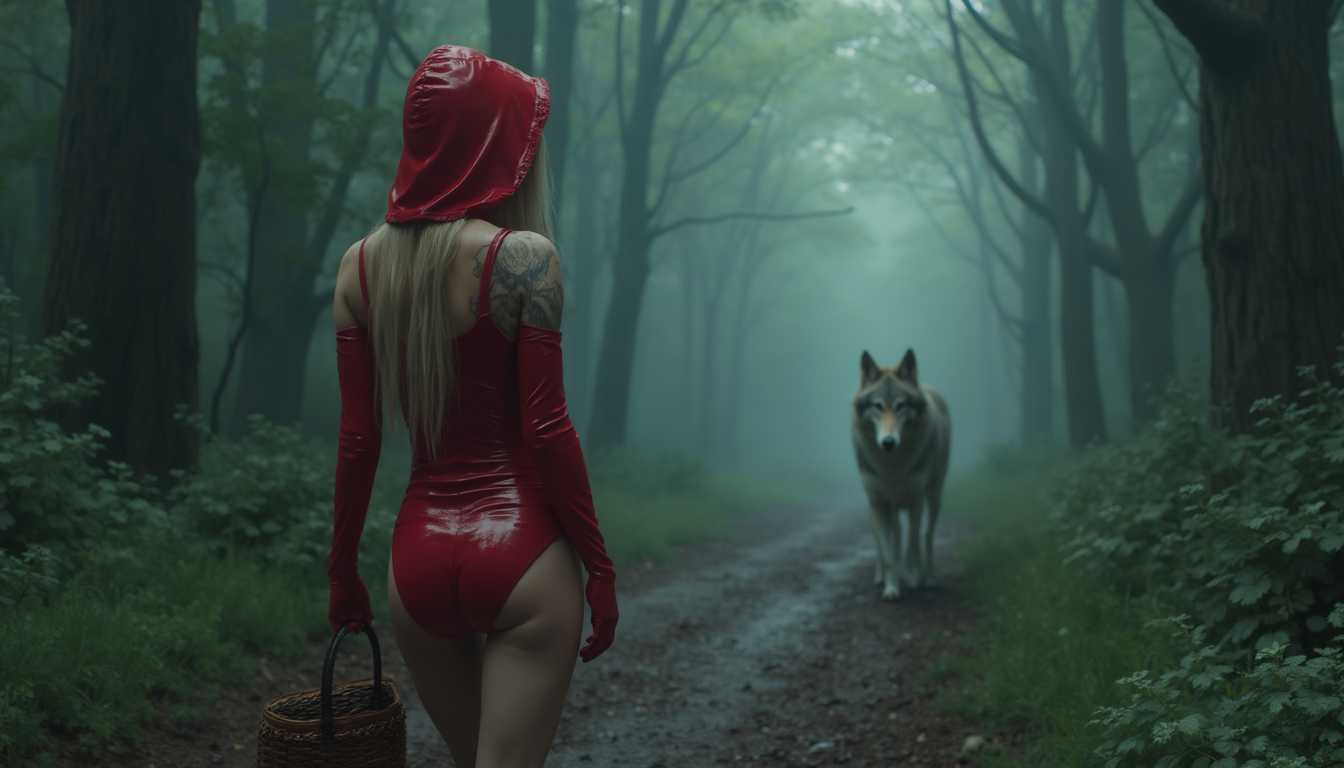 Blonde blue-eyed 18 yo girl approaching a menacing forest on a forest path, holding a basket, wearing a red hooded latex outfit, small hanging breasts, slim, a wolf watching from the bushes, masterpiece, super detail, textured skin, anatomically correct, 8k, best quality, god rays