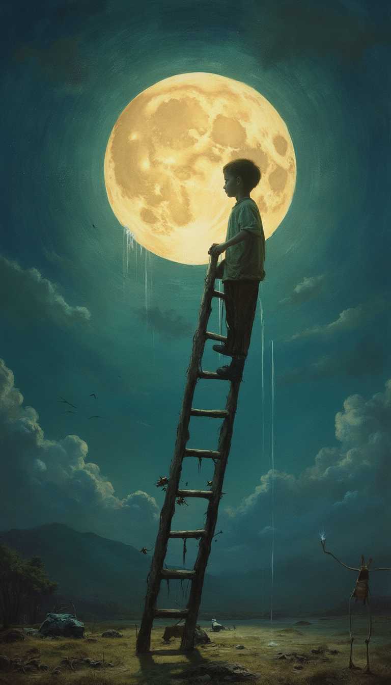 The boy leaned the ladder against the moon to wash the moon. Surreal horror style of Pawel Kuczynski, Joan Mir, Bridget Bate Tichenor and Arthur Secunda., surreal abstract art, astral projection in childhood, abstract anthropomorphic midnight paradox, strange, depth of field, unsettling, asymmetrical abstractions, surreal masterpiece, Juxtaposition of the strange and the banal, edgy magic trick, disgusting, never before seen otherworldly art, dark oil watercolor.
