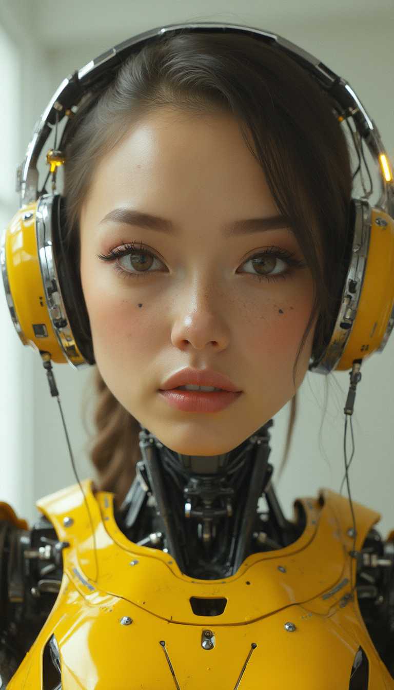 young woman|
robot|
wide-profile automated machine|
electric drives|
manipulators|
chromium|
yellow paint|