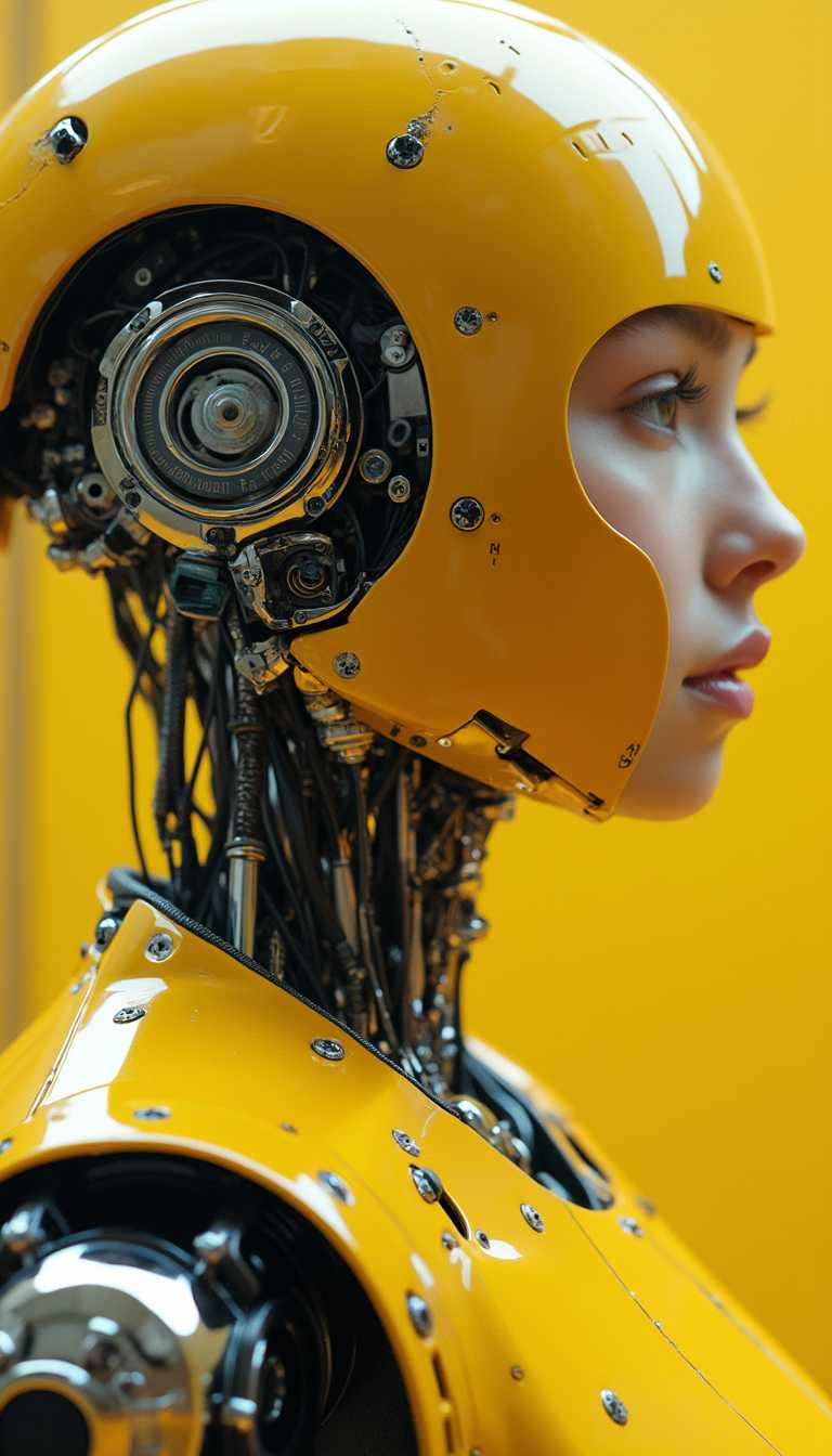 young woman|
robot|
wide-profile automated machine|
electric drives|
manipulators|
chromium|
yellow paint|