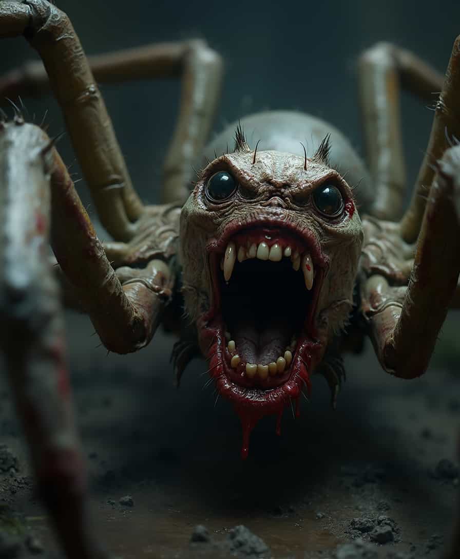 realistic creepy old spider, natural light, high detail skin, creepy setting, horror, open mouth with large sharp teeth dripping with blood, black dead eyes, scars, dark background, large fangs