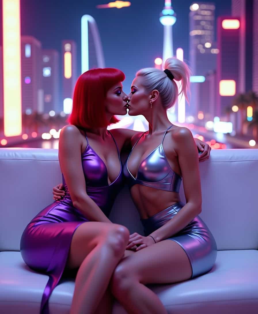 A Neo-Futurism erotic photo of a gorgeous real-life version of a sexy Jane Jetson and Judy Jetson sitting and kissing on a futuristic sofa together. Jane, with her iconic red bob haircut, wears a sleek, form-fitting metallic purple dress with a plunging neckline and high slit, accentuating her curvaceous figure. Judy, with her platinum blonde ponytail, dons a tight, silver crop top and matching mini skirt, highlighting her toned midriff and long legs. Both women have exaggerated, idealized anatomical features with ample cleavage and shapely hips. They sit closely on a white, minimalist sofa with clean lines and a glossy finish, their bodies intertwined. Jane's hand rests on Judy's thigh, while Judy's hand caresses Jane's cheek. The background features a futuristic cityscape with towering skyscrapers and flying cars, bathed in neon lights. The color palette is dominated by purples, blues, and silvers, with soft, diffused lighting creating a sensual atmosphere. The air is clear, with a slight haze adding a dreamy quality to the scene. The overall composition uses a shallow depth of field, focusing on the intimate moment between the two women, with a bokeh effect highlighting the neon lights in the background.