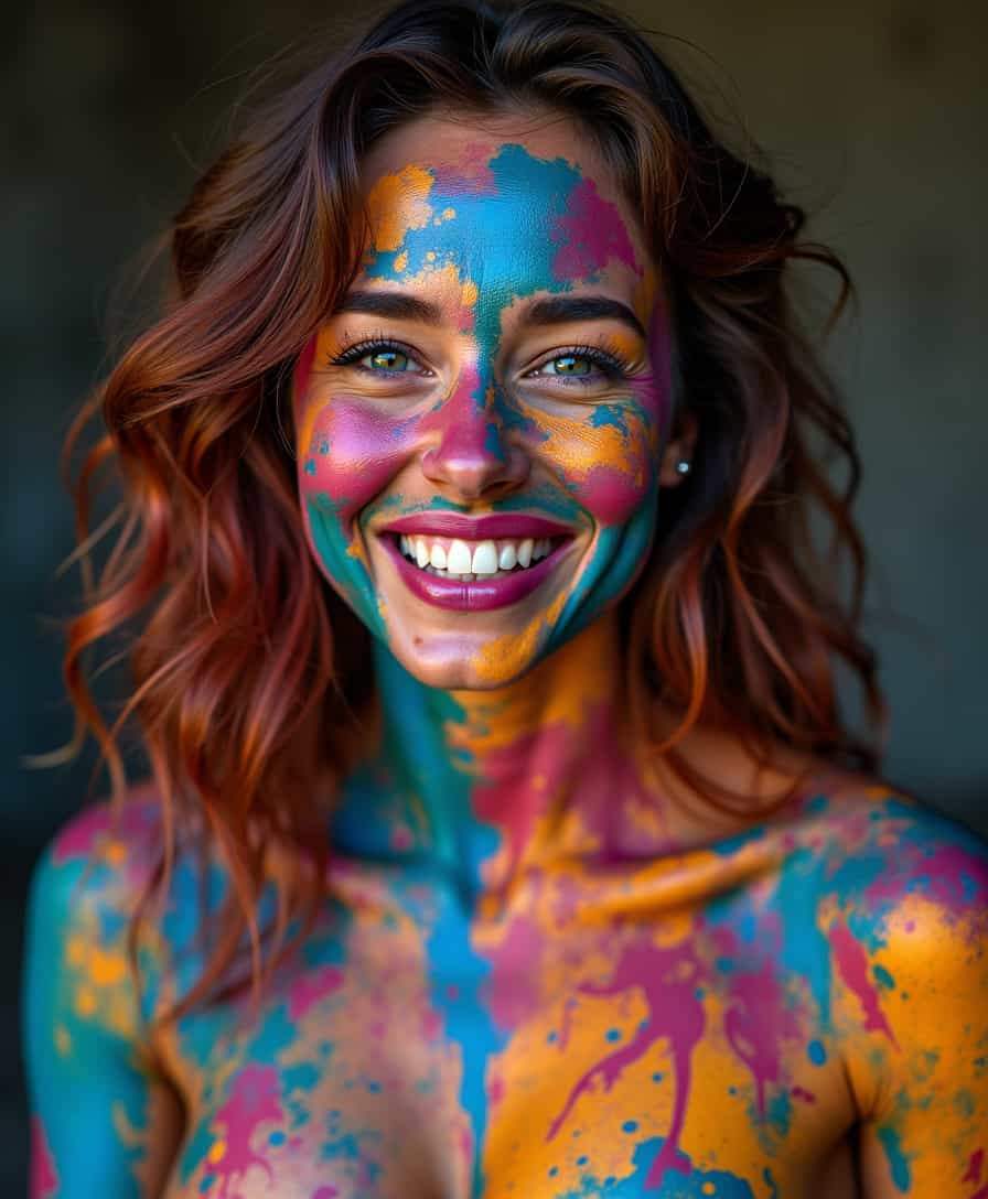 female covered in colorfull paint, bodypainting, smile, happy, gorgeous, attractive, (((full body visible))), looking at viewer, portrait, photography, detailed skin, realistic, photo-realistic, 8k, highly detailed, full length frame, High detail RAW color art, piercing, diffused soft lighting, shallow depth of field, sharp focus, hyperrealism, cinematic lighting